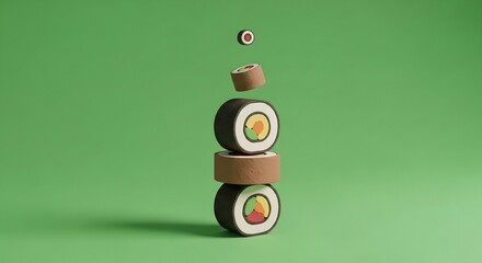 緑背景に積み重ねられた寿司を模した可愛らしいオブジェクト