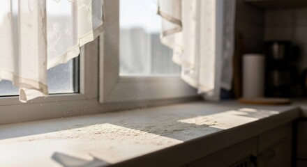 明るい日差しが差し込む窓辺の静かなキッチン風景