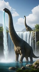 Obraz premium Majestic Brachiosaurus Dinosaurs Drinking from a Grand Waterfall in a Lush Prehistoric Landscape.