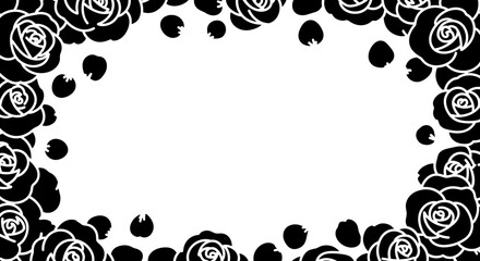 Black rose frame with falling petals, elegant decoration and floral design for invitations
