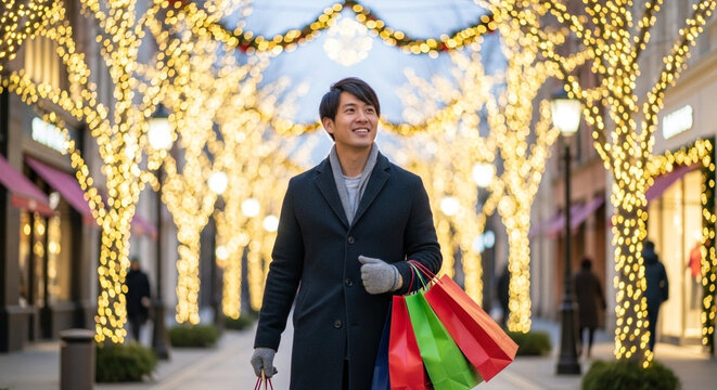 Asian man holding shopping bags on festive street, holiday shopping and winter fashion in cityscape