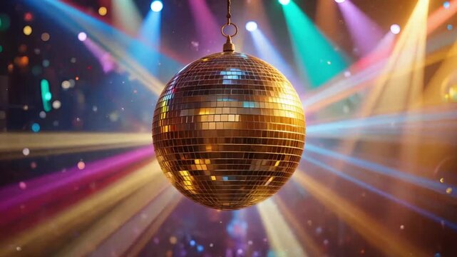 Dynamic club scene with spinning disco ball and vibrant light beams for fun and energy
