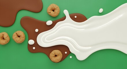 緑背景に広がるミルクとチョコレート、ミニドーナツが並んだ可愛らしいイラスト