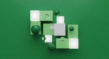 緑色の背景に配置された幾何学的な立方体と球体の抽象的な構成
