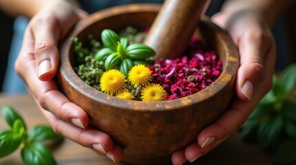 Hands holding a wooden mortar and pestle filled with colorful herbs and flowers