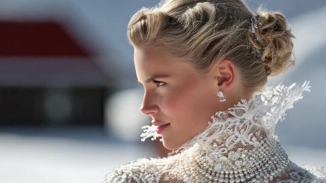 Side profile of a woman wearing an ornate lace high-neck gown with pearl embellishments, her blonde hair in an updo, gazing left.