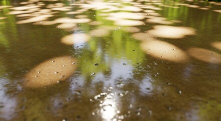 水面に映る木漏れ日の美しい反射、穏やかな自然風景のイメージ