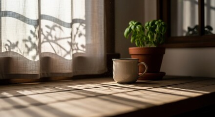 日当たりの良い窓辺に置かれたコーヒーカップと鉢植え植物の静かなる風景