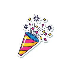 A festive party popper explodes with colorful confetti and stars, symbolizing celebration, joy, and a happy occasion on a clean white background.