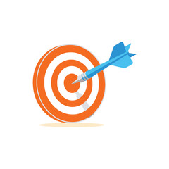 A blue dart hitting the center bullseye of an orange and white target, representing success, achievement, and focused goals in a clear illustration.