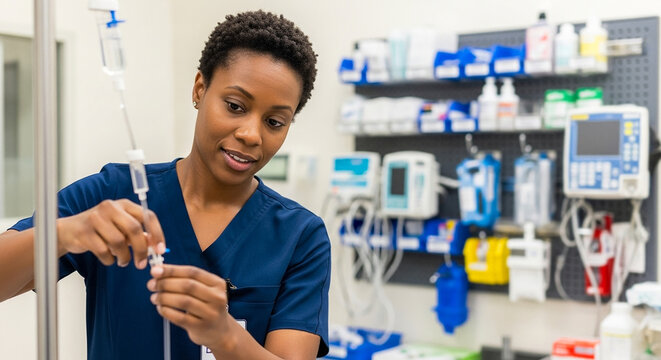 Nurse adjusting IV drip in emergency room, patient care and medical treatment