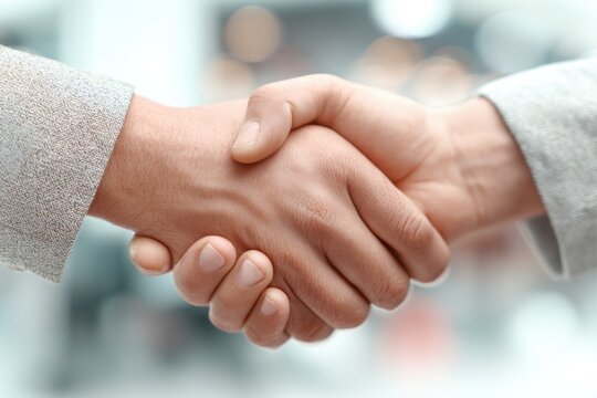 Hands of agreement coming together in a blurred modern setting reflecting cooperation and unity during a professional or personal meeting experience