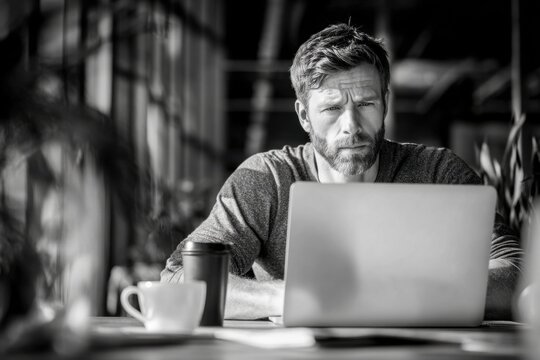 Man focused on laptop in a coffee shop surrounded by plants during daytime hours
