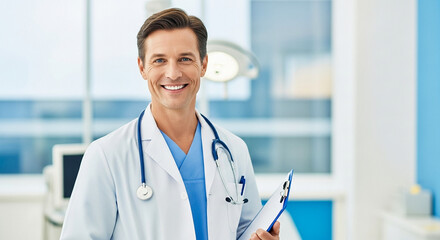 Cardiologist smiling after successful examination in clinic, medical professional and healthcare expertise