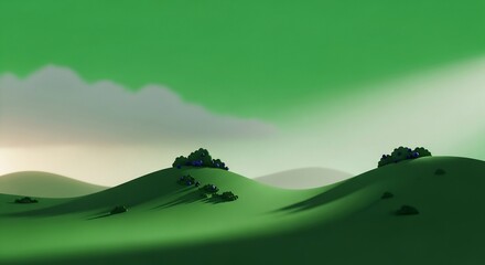 緑豊かな丘陵地帯の穏やかな風景、柔らかな光と雲が浮かぶ空