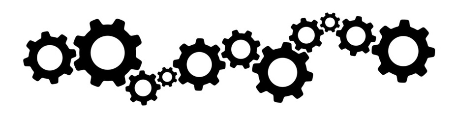 A connected chain of multiple gear icons forming a dynamic mechanical flow. Ideal for illustrating teamwork, engineering processes, system automation, and industrial mechanisms.