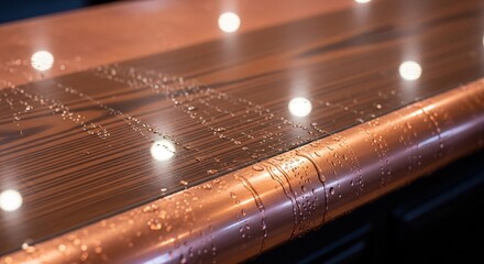 光沢ある木製カウンターに散らばる水滴、反射する光が美しい静止写真