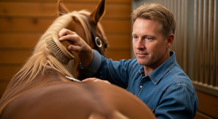 Cowboy grooming his horse, equestrian care and animal bonding in a stable
