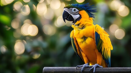 Colorful blue and yellow parrot perched on branch in natural light
