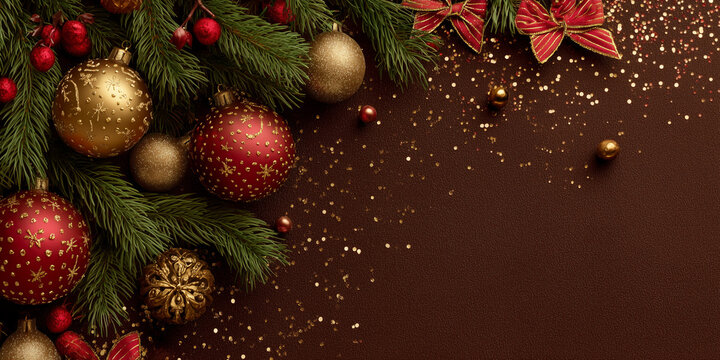 Festive Christmas Decorations With Fir Branches, Red And Gold Ornaments, And Sparkling Glitter - Powered by Adobe