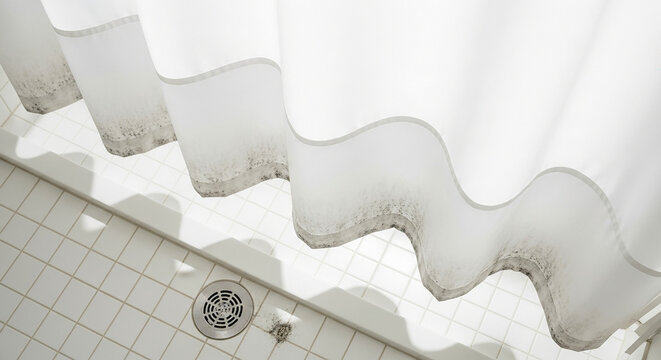Mildew stains on shower curtain in bright bathroom, hygiene issues and cleaning challenges