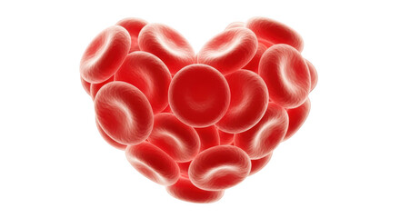 Red blood cell cluster shaped like a heart, symbolizing health and circulation, isolated on transparent background