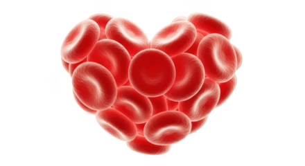 Red blood cell cluster shaped like a heart, symbolizing health and circulation, isolated on transparent background