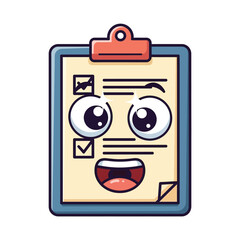A cute cartoon clipboard character with a happy face, checklist, and pen, isolated on white, representing tasks and organization.