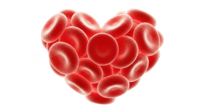 Red blood cell cluster shaped like a heart, symbolizing health and circulation, isolated on transparent background - Powered by Adobe