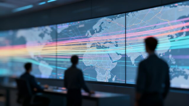 Generative AI global network monitoring and data streams visualization.