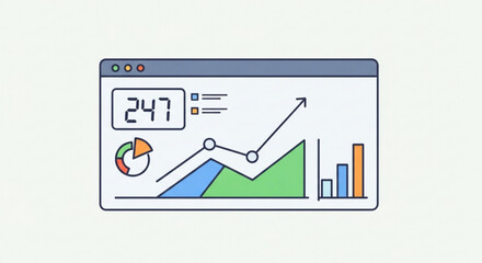 Illustration of a dashboard interface showing business analytics with a line graph, bar chart, pie chart, and a numerical counter for data monitoring