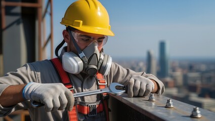 Construction worker at height tightens bolts on a steel beam wearing full safety gear, emphasizing workplace safety, professionalism, and modern high-rise construction