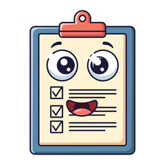 Cheerful cartoon clipboard with checklist and happy face, representing task completion and successful survey for business and education purposes
