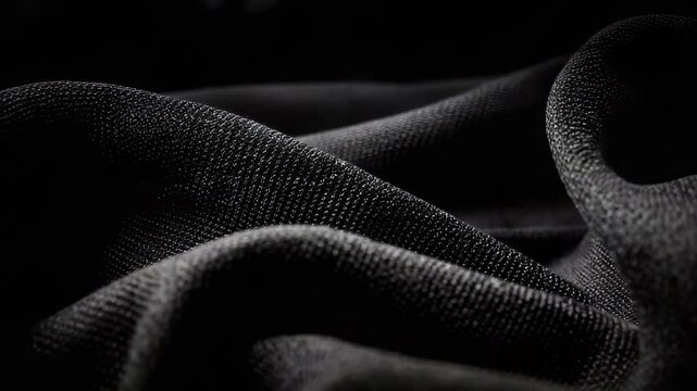Dark black fabric draped in soft, flowing folds with a fine textured surface.