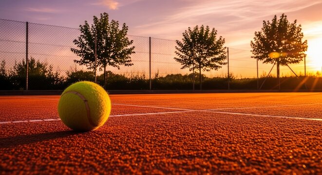 Tennis Ball on Clay Court at Sunset - A Moment of Serenity.