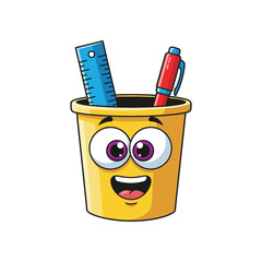 Cute cartoon pencil holder with ruler and pen, smiling with big eyes, isolated on white background, education and school theme