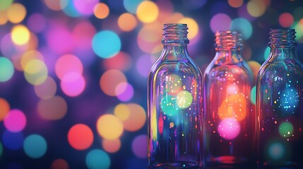 Glass bottles with glowing colorful lights on vibrant bokeh background
