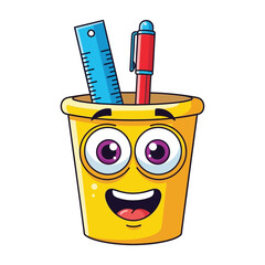 Cheerful cartoon pencil holder with ruler and pen, isolated on white, symbolizing education and office supplies for fun learning and organization.
