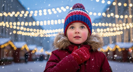 Child in winter coat looking upward in festive plaza, holiday wonder and winter joy