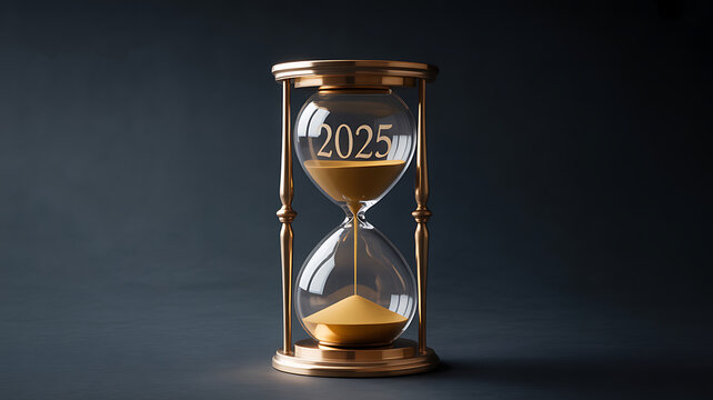 Golden hourglass with sand running out, displaying the year 2025, symbolizing time running out towards the future or a deadline