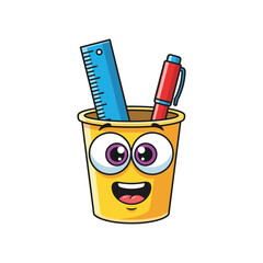 Cute cartoon yellow pencil holder with a ruler and pen, smiling with big eyes, isolated on white background, educational supplies
