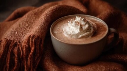 A mug of hot chocolate topped with whipped cream sits on a brown scarf. - Powered by Adobe