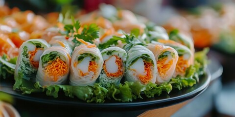 Delicious sushi platter with fresh vegetables and herbs on black plate