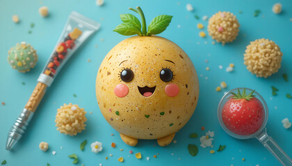 Happy round fruit character with candy and sweets on turquoise background