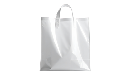 Shiny, white, empty tote bag with a centered handle against a black backdrop