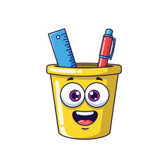 Cheerful yellow pencil holder with ruler and pen, cartoon character style, isolated on white background for school and office use