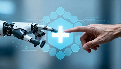 Robot and human hand interaction with a medical plus sign interface.