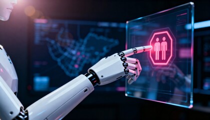 Robot hand interacting with holographic display showing people icon