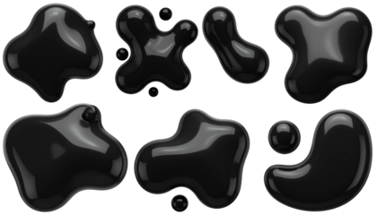 Several smooth, glossy, black blob-like shapes floating against a dark background