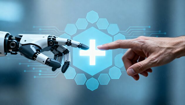 Robot and human hand interaction with a medical plus sign interface.